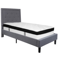 Flash Furniture SL-BMF-25-GG Roxbury Twin Size Tufted Upholstered Platform Bed in Light Gray Fabric with Memory Foam Mattress